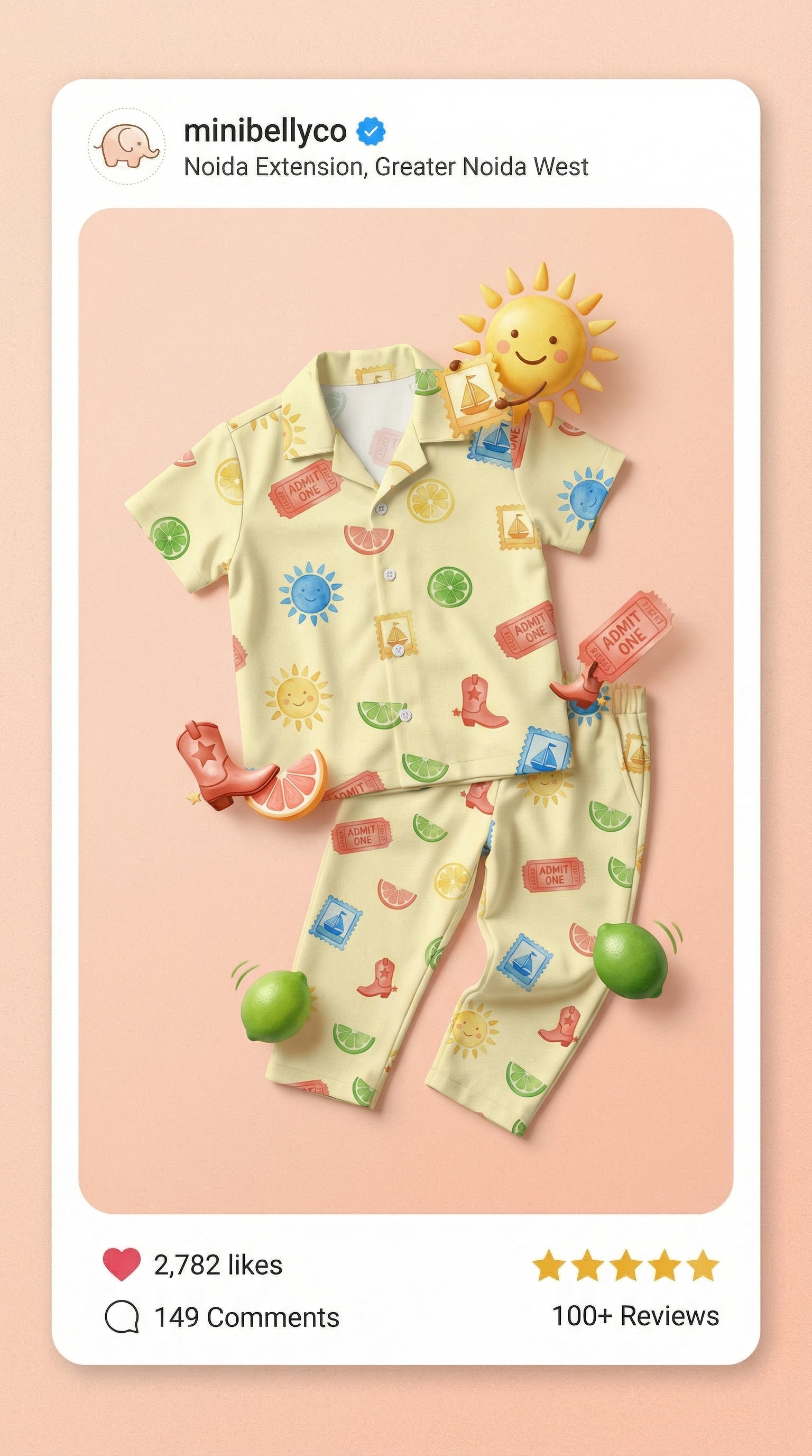 MiniBelly Half Shirt Pant Co-ord Set Whimsical watercolor summer pattern with suns, citrus, tickets, and stamps 100% Cotton - minibelly