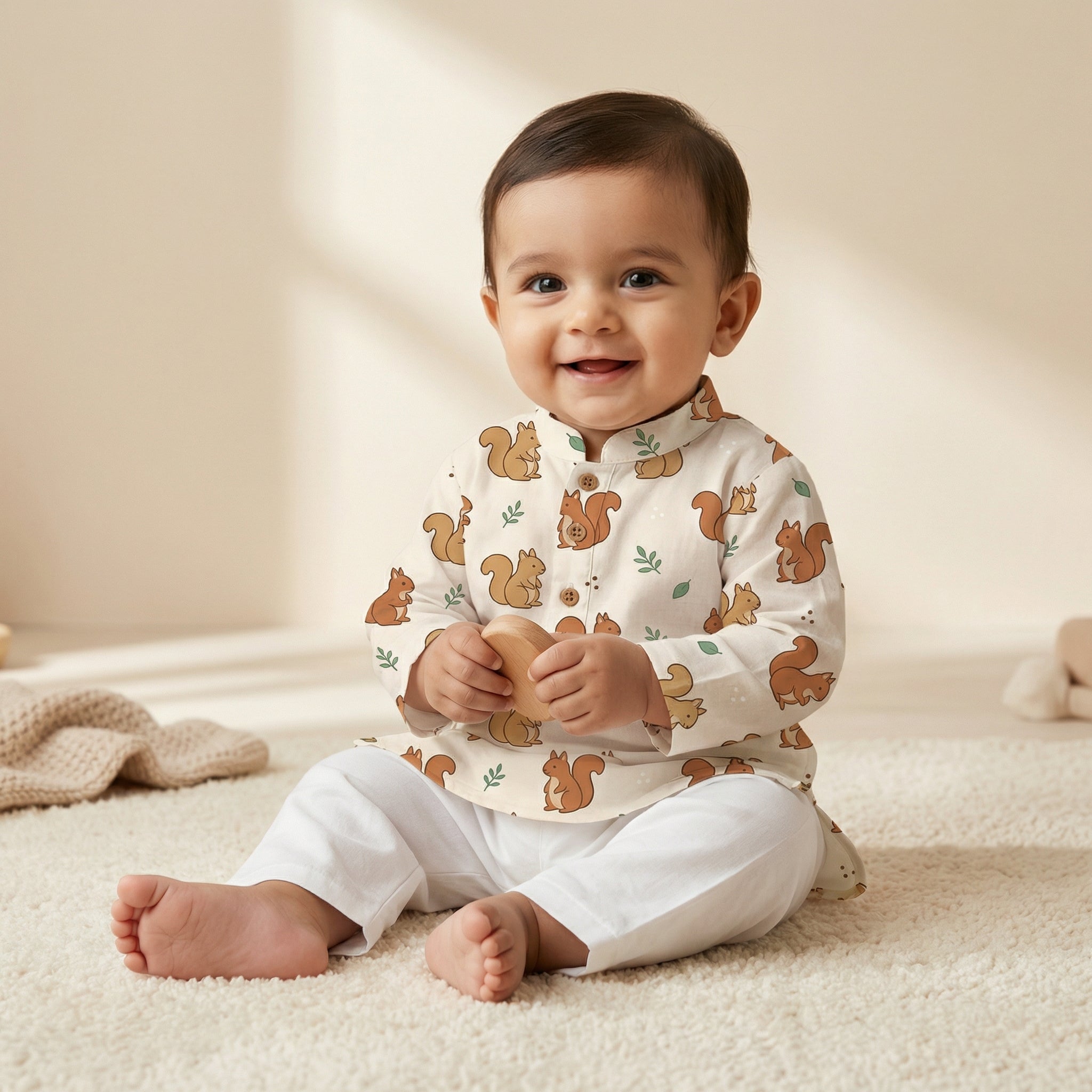 MiniBelly Kurta Pajama Set Cute cartoon squirrels with green leaves on beige background 100% Cotton - minibelly