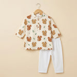 MiniBelly Kurta Pajama Set Cute cartoon squirrels with green leaves on beige background 100% Cotton - minibelly