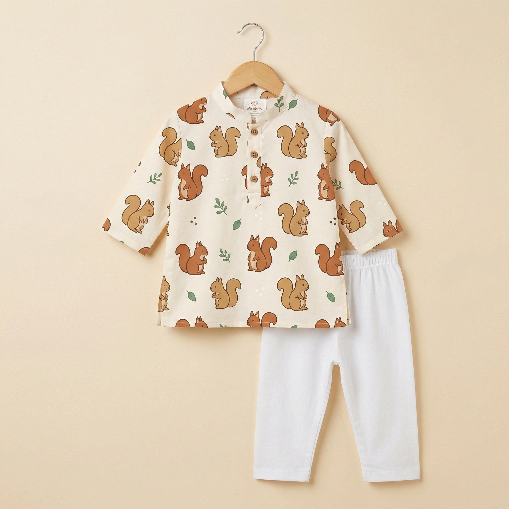 MiniBelly Kurta Pajama Set Cute cartoon squirrels with green leaves on beige background 100% Cotton - minibelly
