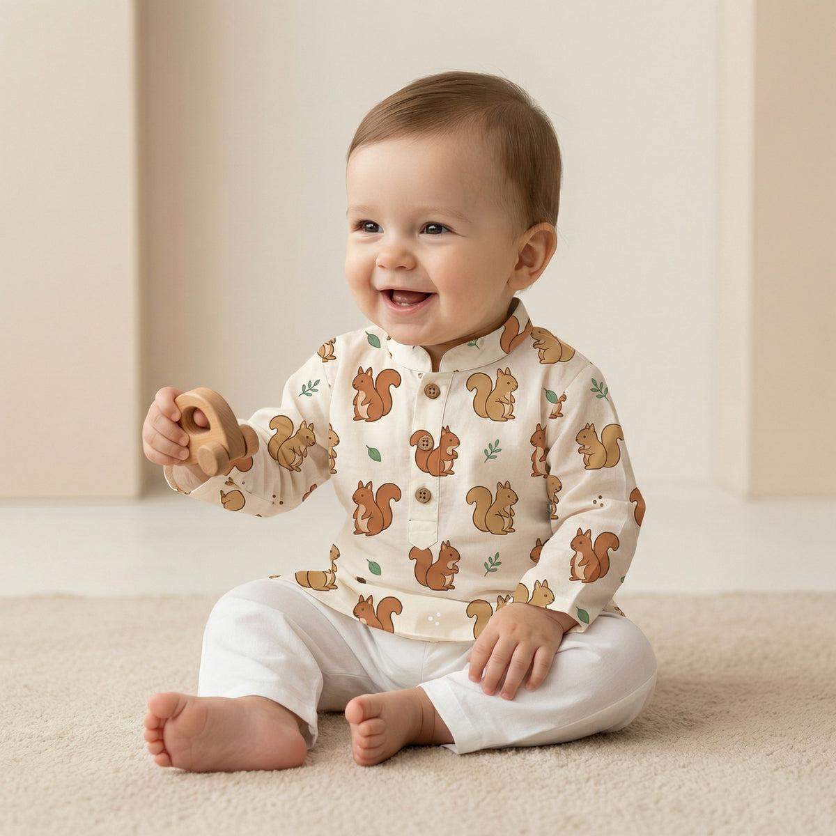 MiniBelly Kurta Pajama Set Cute cartoon squirrels with green leaves on beige background 100% Cotton - minibelly
