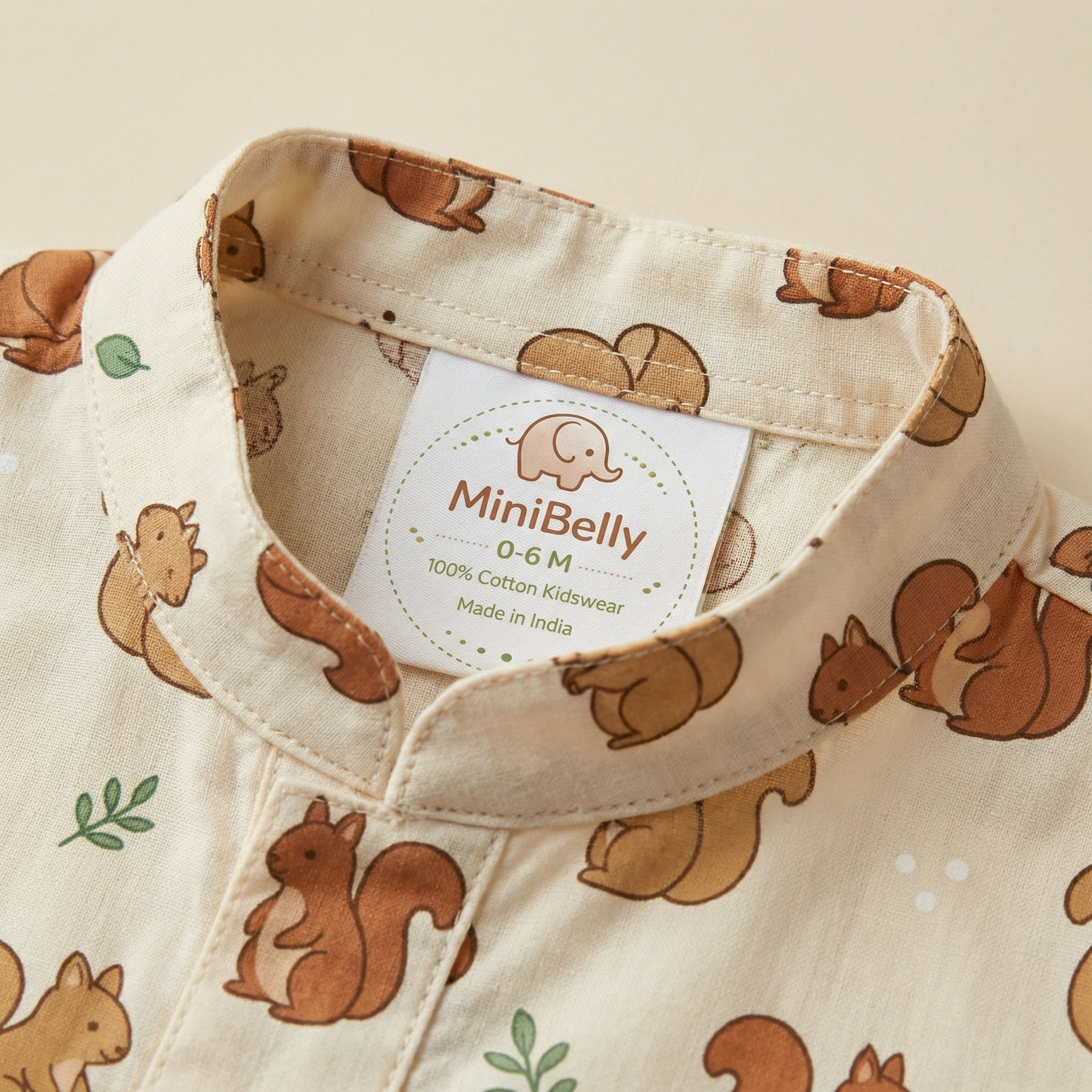MiniBelly Kurta Pajama Set Cute cartoon squirrels with green leaves on beige background 100% Cotton - minibelly