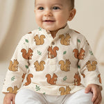 MiniBelly Kurta Pajama Set Cute cartoon squirrels with green leaves on beige background 100% Cotton - minibelly