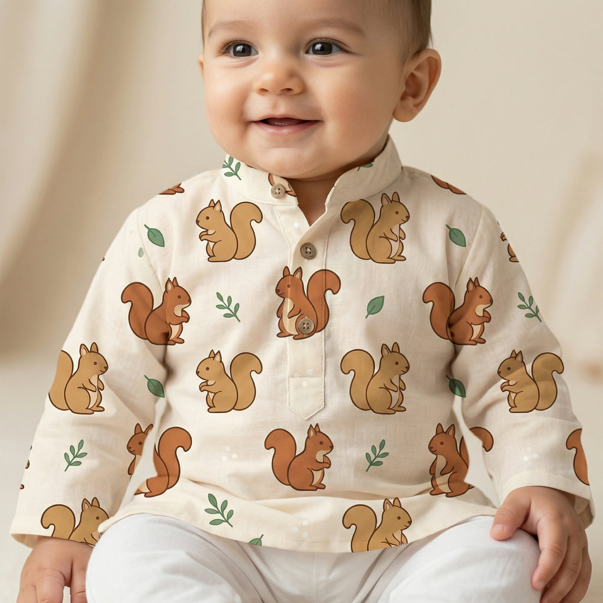 MiniBelly Kurta Pajama Set Cute cartoon squirrels with green leaves on beige background 100% Cotton - minibelly
