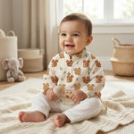MiniBelly Kurta Pajama Set Cute cartoon squirrels with green leaves on beige background 100% Cotton - minibelly