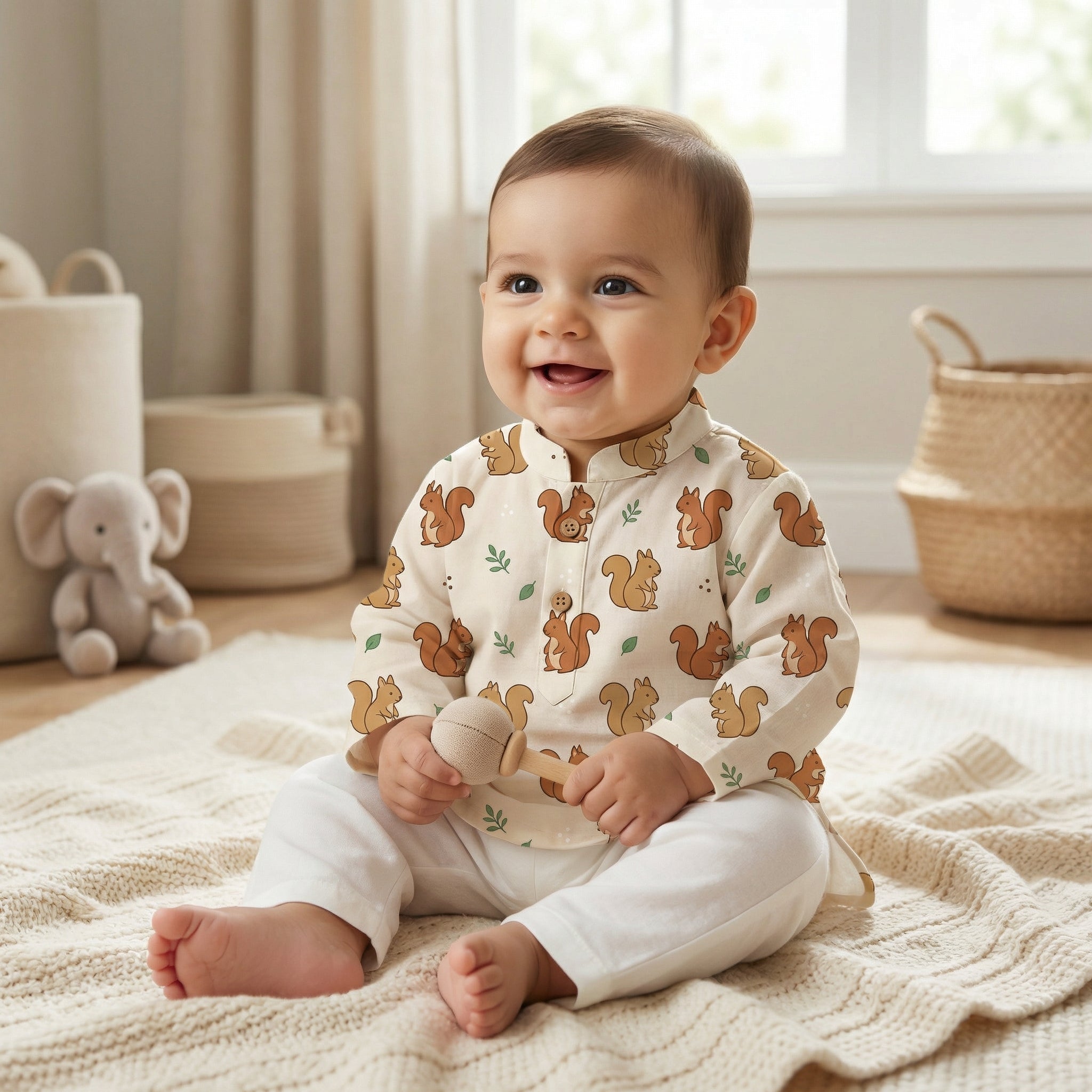 MiniBelly Kurta Pajama Set Cute cartoon squirrels with green leaves on beige background 100% Cotton - minibelly