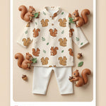 MiniBelly Kurta Pajama Set Cute cartoon squirrels with green leaves on beige background 100% Cotton - minibelly