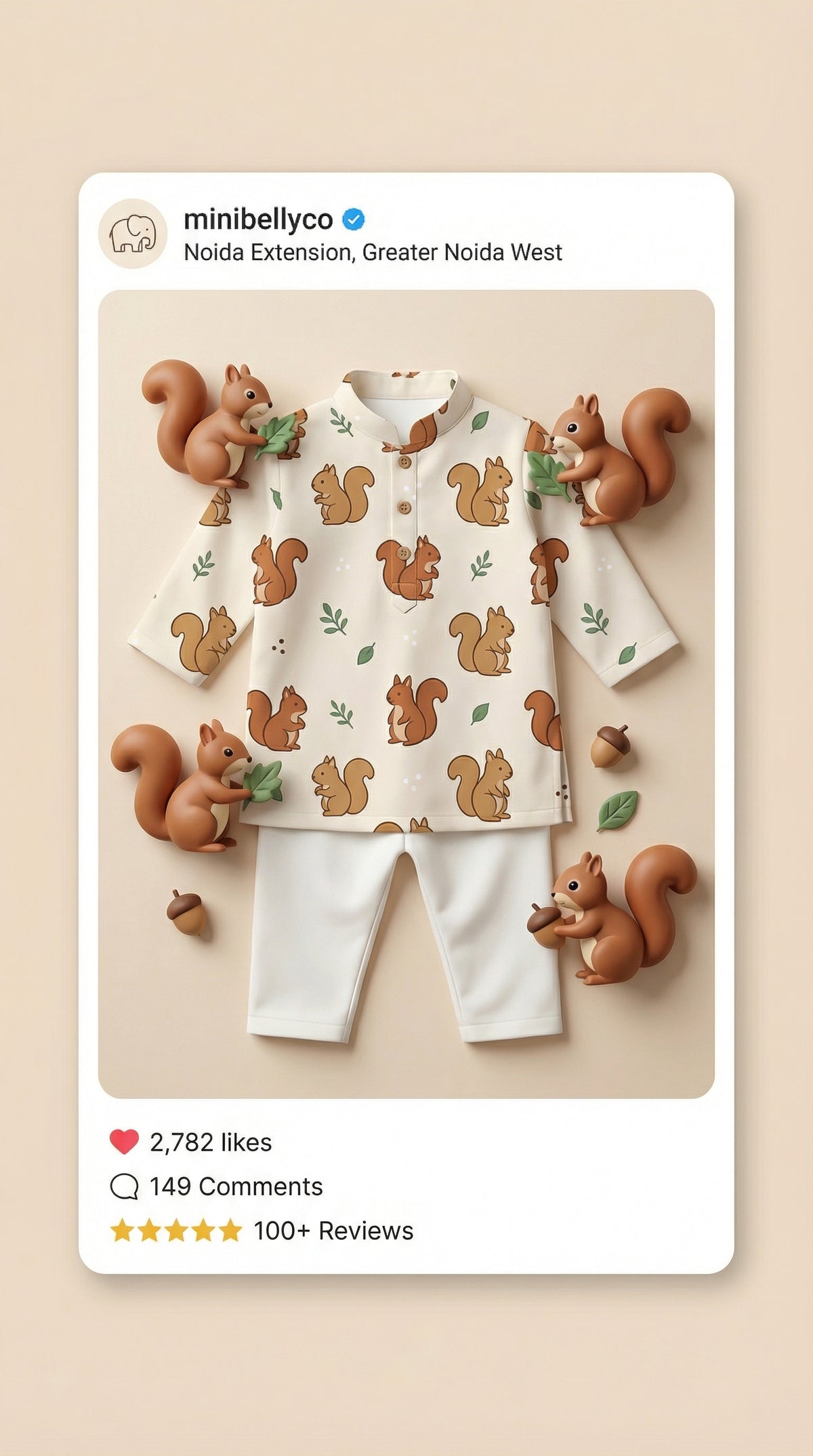 MiniBelly Kurta Pajama Set Cute cartoon squirrels with green leaves on beige background 100% Cotton - minibelly