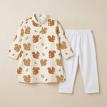 MiniBelly Kurta Pajama Set Cute cartoon squirrels with green leaves on beige background 100% Cotton - minibelly