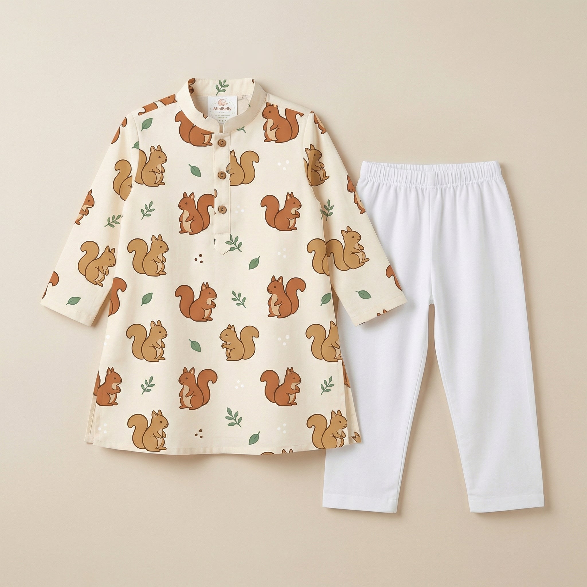 MiniBelly Kurta Pajama Set Cute cartoon squirrels with green leaves on beige background 100% Cotton - minibelly