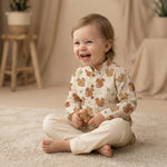 MiniBelly Kurta Pajama Set Cute cartoon squirrels with green leaves on beige background 100% Cotton - minibelly