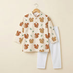 MiniBelly Kurta Pajama Set Cute cartoon squirrels with green leaves on beige background 100% Cotton - minibelly