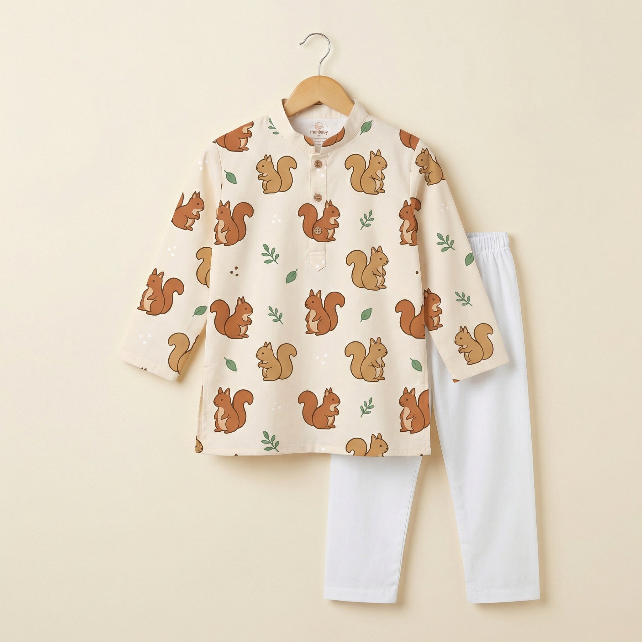 MiniBelly Kurta Pajama Set Cute cartoon squirrels with green leaves on beige background 100% Cotton - minibelly