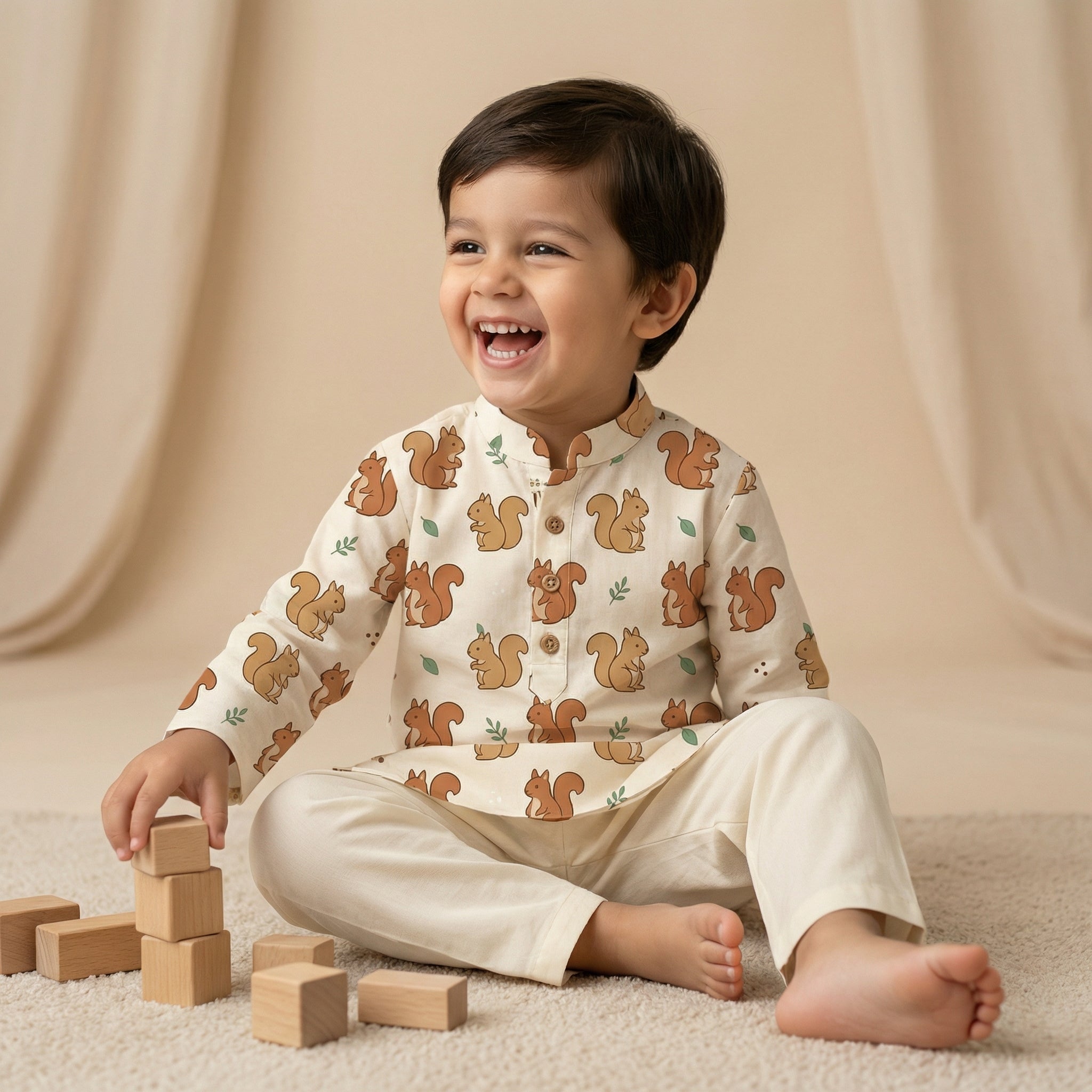 MiniBelly Kurta Pajama Set Cute cartoon squirrels with green leaves on beige background 100% Cotton - minibelly