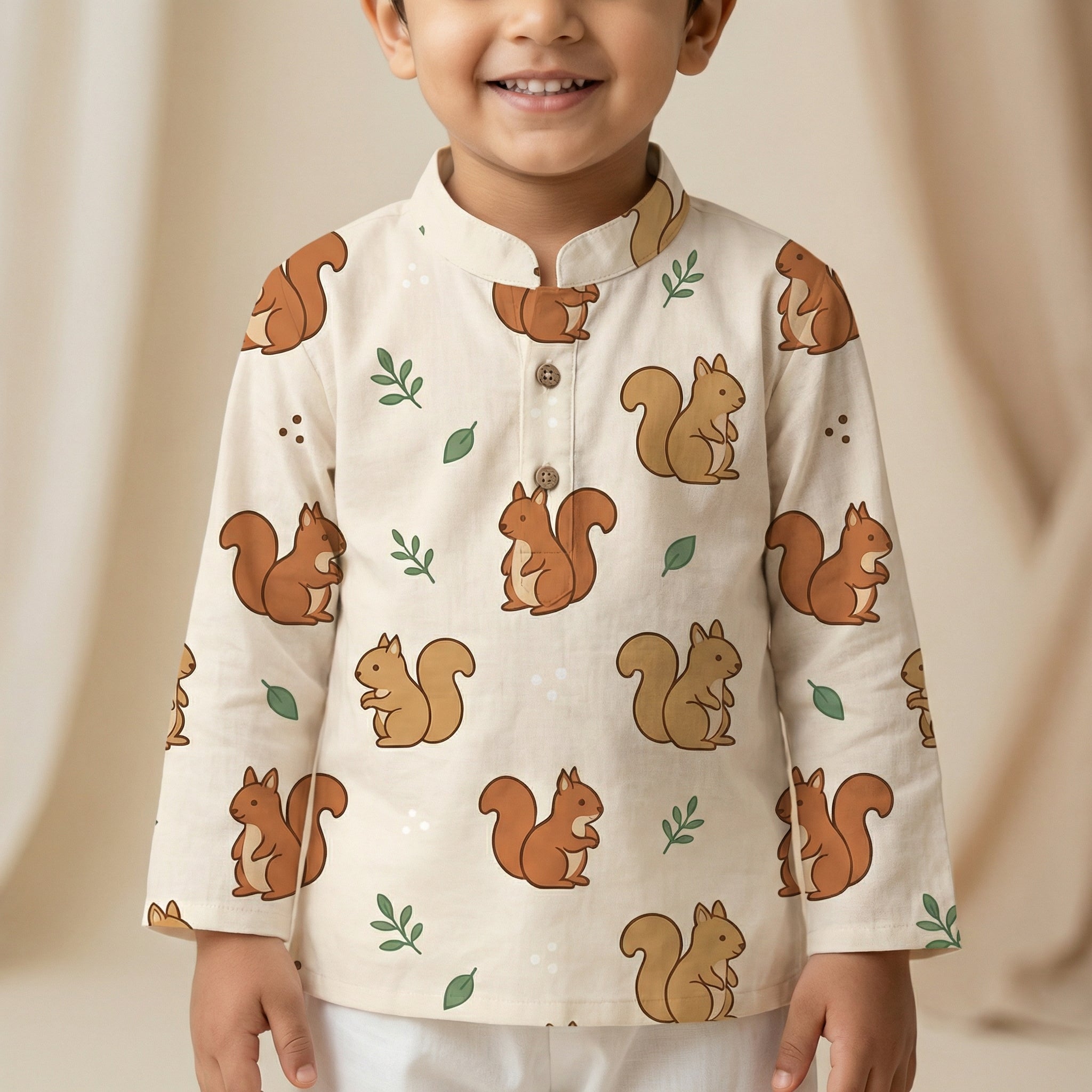 MiniBelly Kurta Pajama Set Cute cartoon squirrels with green leaves on beige background 100% Cotton - minibelly