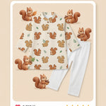 MiniBelly Kurta Pajama Set Cute cartoon squirrels with green leaves on beige background 100% Cotton - minibelly