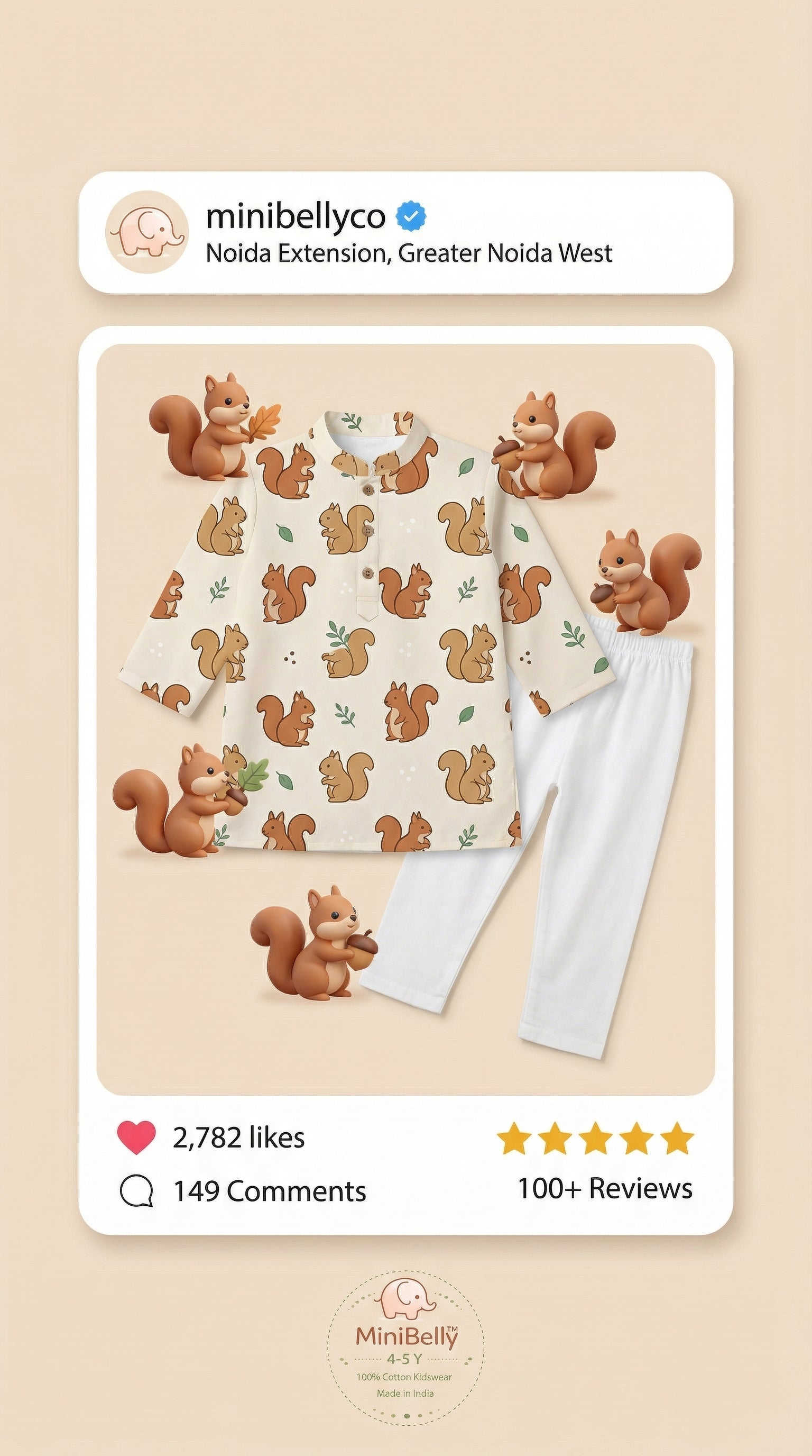 MiniBelly Kurta Pajama Set Cute cartoon squirrels with green leaves on beige background 100% Cotton - minibelly