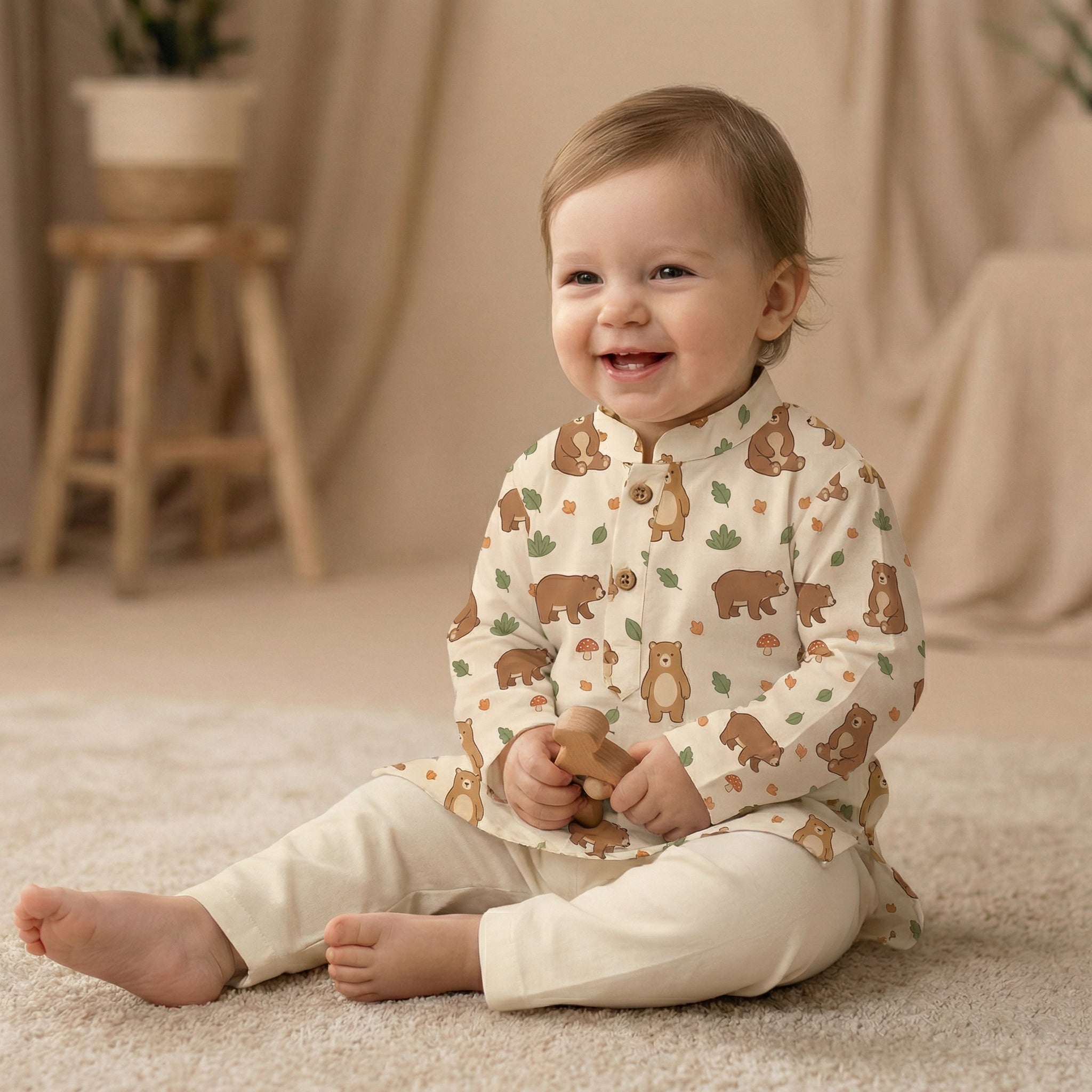 MiniBelly Kurta Pajama Set Cute cartoon brown bears with autumn leaves and bushes pattern 100% Cotton - minibelly