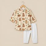 MiniBelly Kurta Pajama Set Cute cartoon brown bears with autumn leaves and bushes pattern 100% Cotton - minibelly