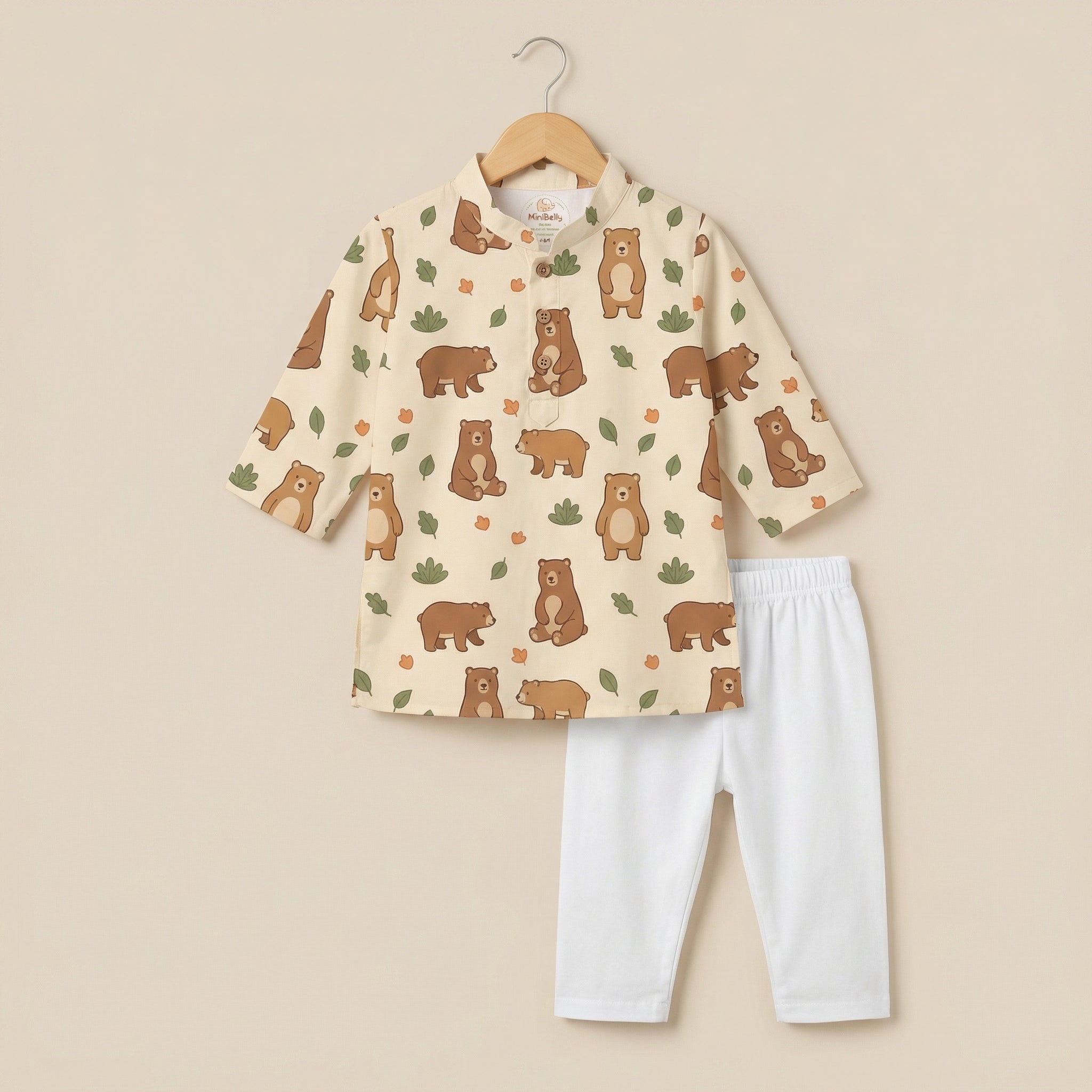MiniBelly Kurta Pajama Set Cute cartoon brown bears with autumn leaves and bushes pattern 100% Cotton - minibelly