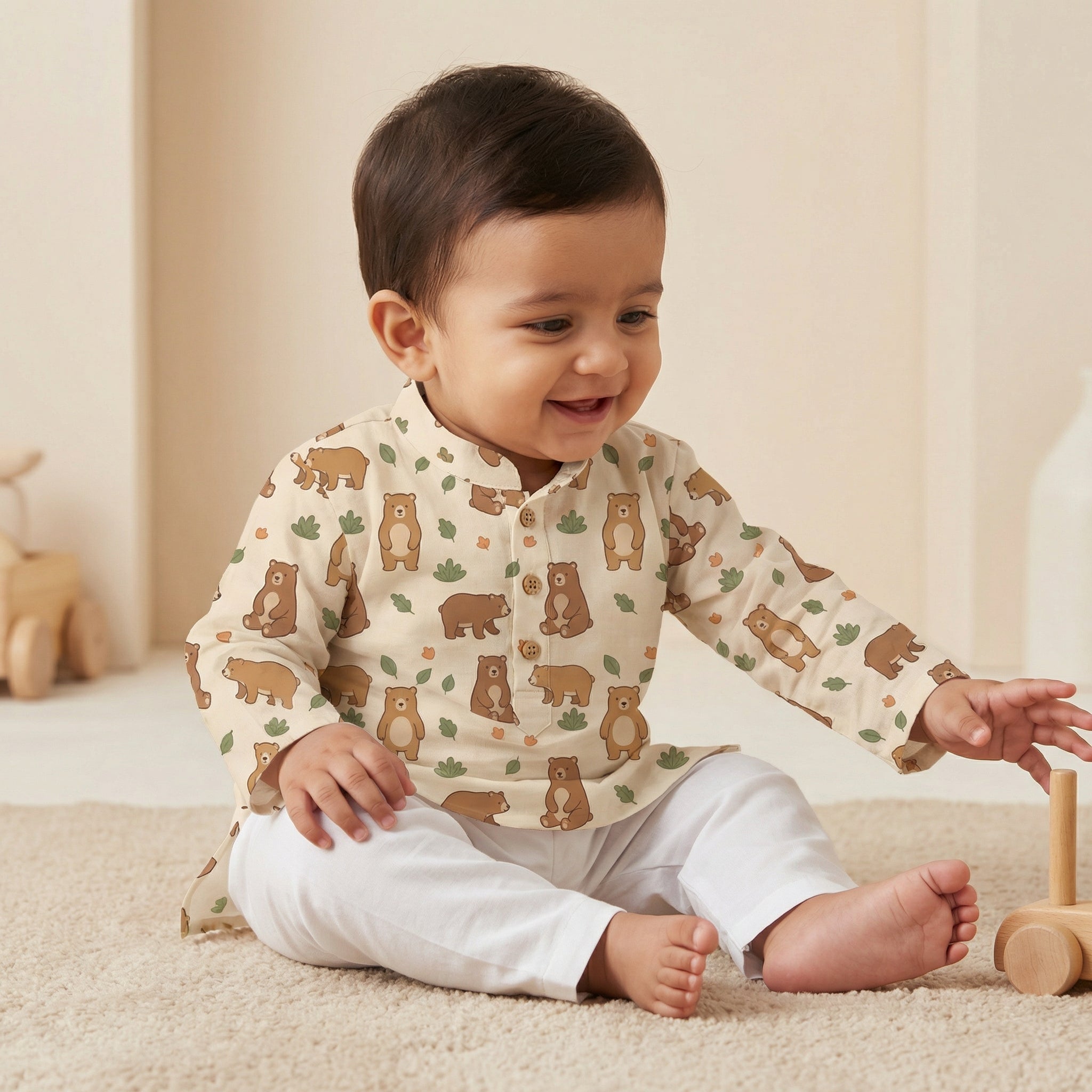 MiniBelly Kurta Pajama Set Cute cartoon brown bears with autumn leaves and bushes pattern 100% Cotton - minibelly