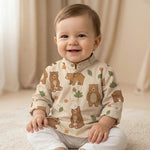 MiniBelly Kurta Pajama Set Cute cartoon brown bears with autumn leaves and bushes pattern 100% Cotton - minibelly