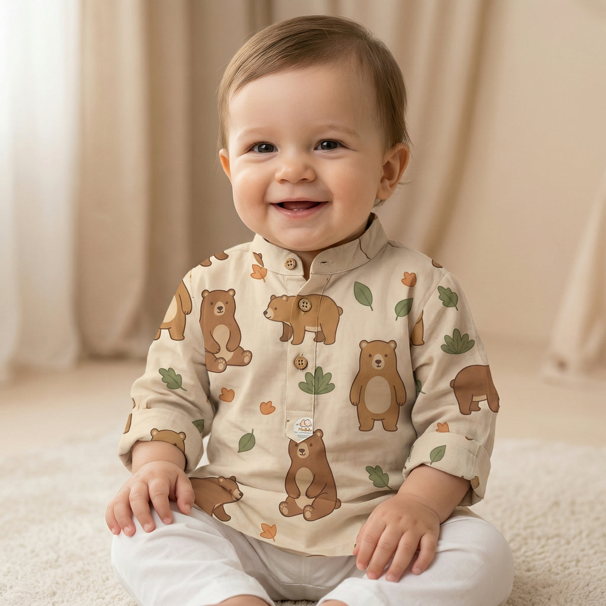 MiniBelly Kurta Pajama Set Cute cartoon brown bears with autumn leaves and bushes pattern 100% Cotton - minibelly