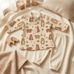 MiniBelly Kurta Pajama Set Cute cartoon brown bears with autumn leaves and bushes pattern 100% Cotton - minibelly
