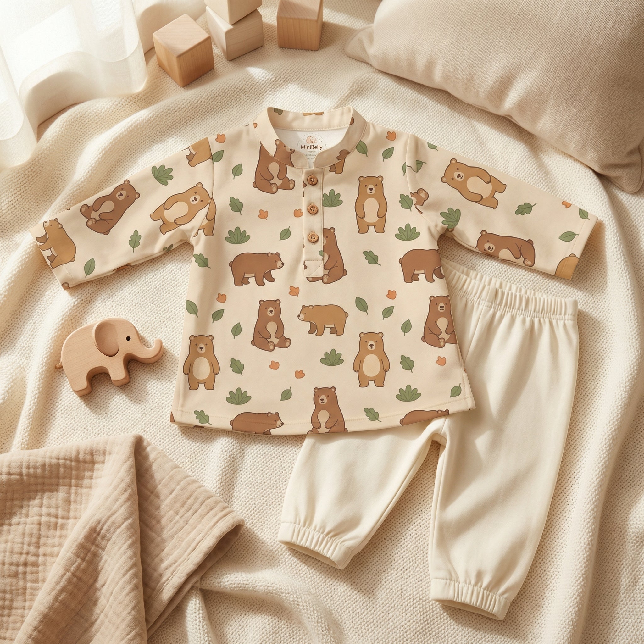 MiniBelly Kurta Pajama Set Cute cartoon brown bears with autumn leaves and bushes pattern 100% Cotton - minibelly