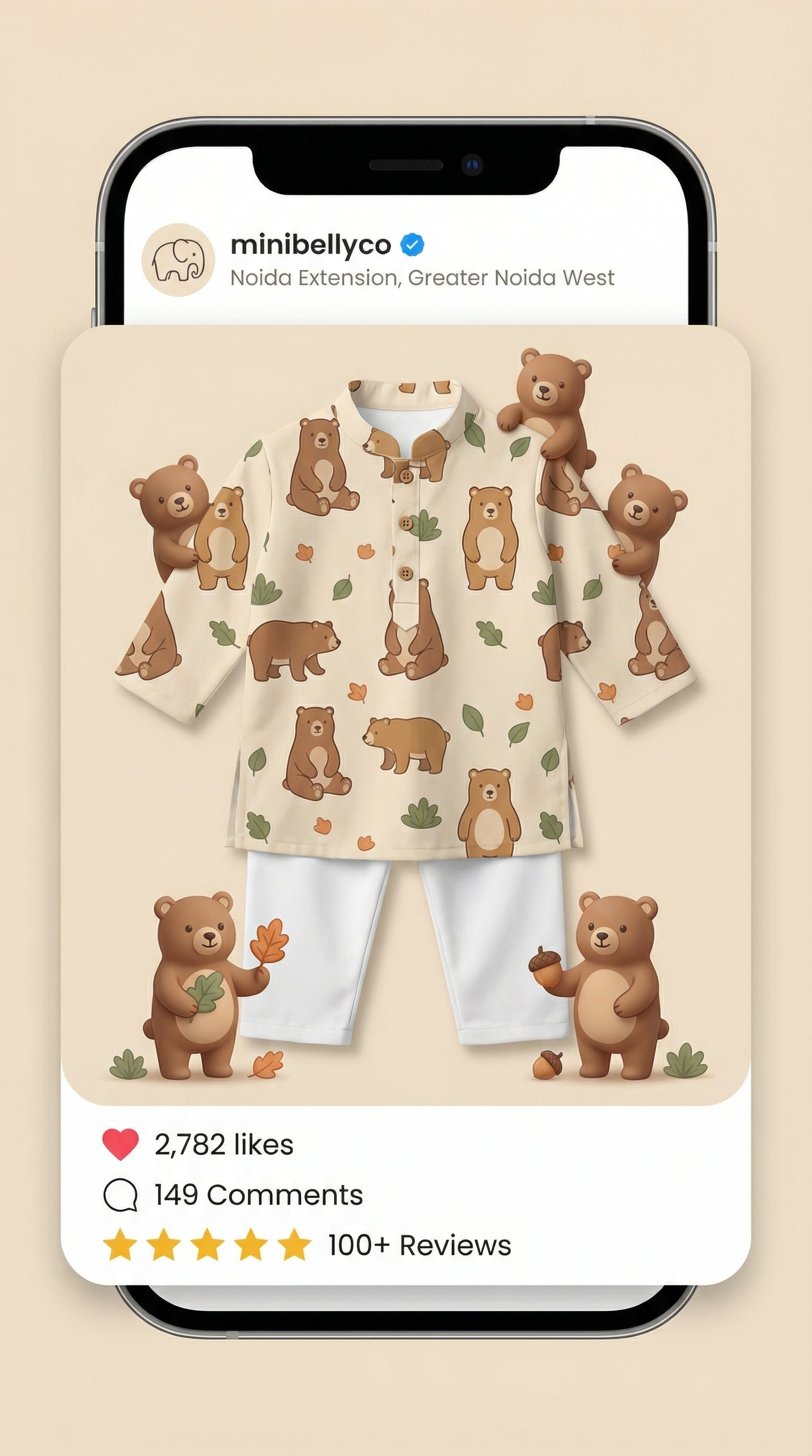 MiniBelly Kurta Pajama Set Cute cartoon brown bears with autumn leaves and bushes pattern 100% Cotton - minibelly