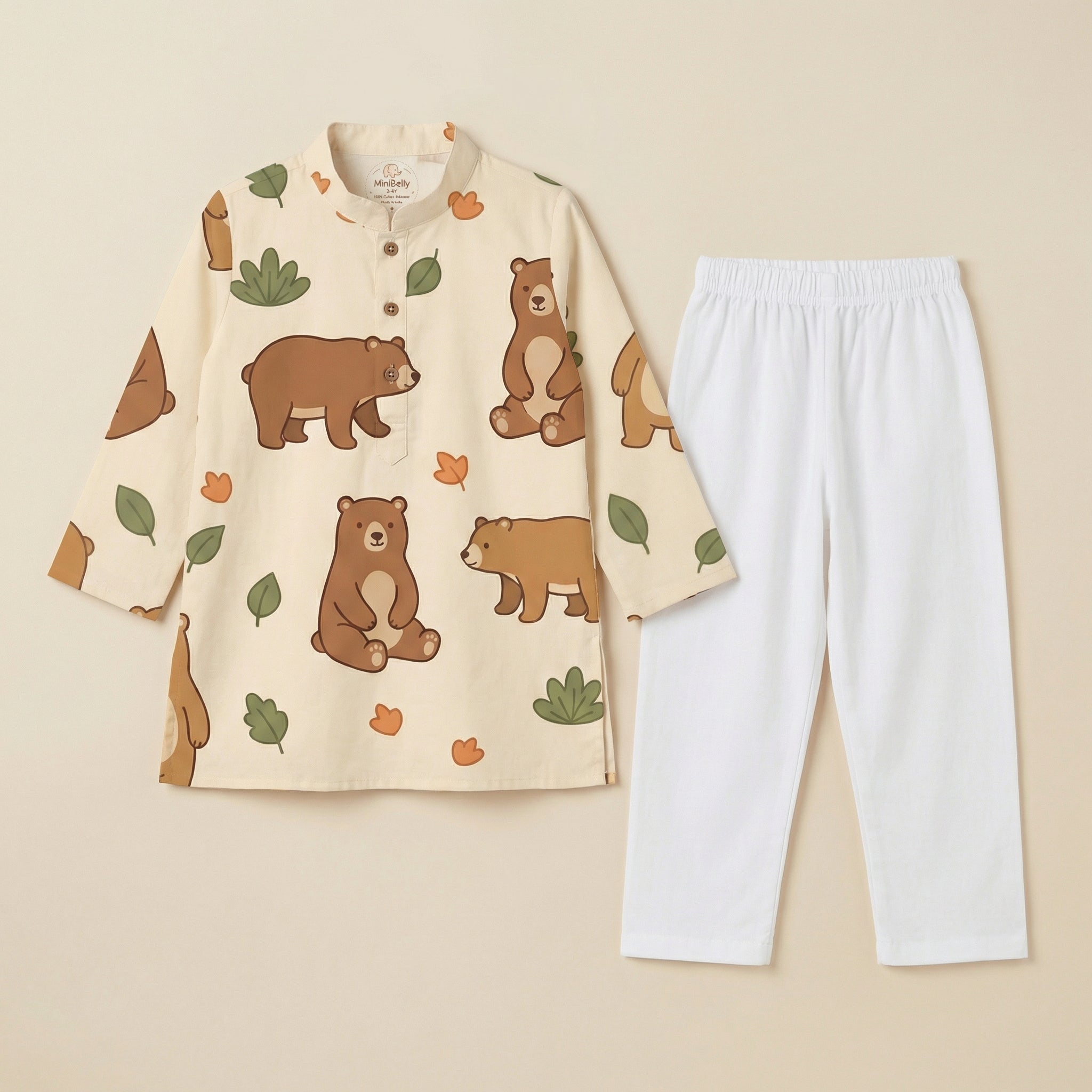 MiniBelly Kurta Pajama Set Cute cartoon brown bears with autumn leaves and bushes pattern 100% Cotton - minibelly