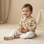 MiniBelly Kurta Pajama Set Cute cartoon brown bears with autumn leaves and bushes pattern 100% Cotton - minibelly