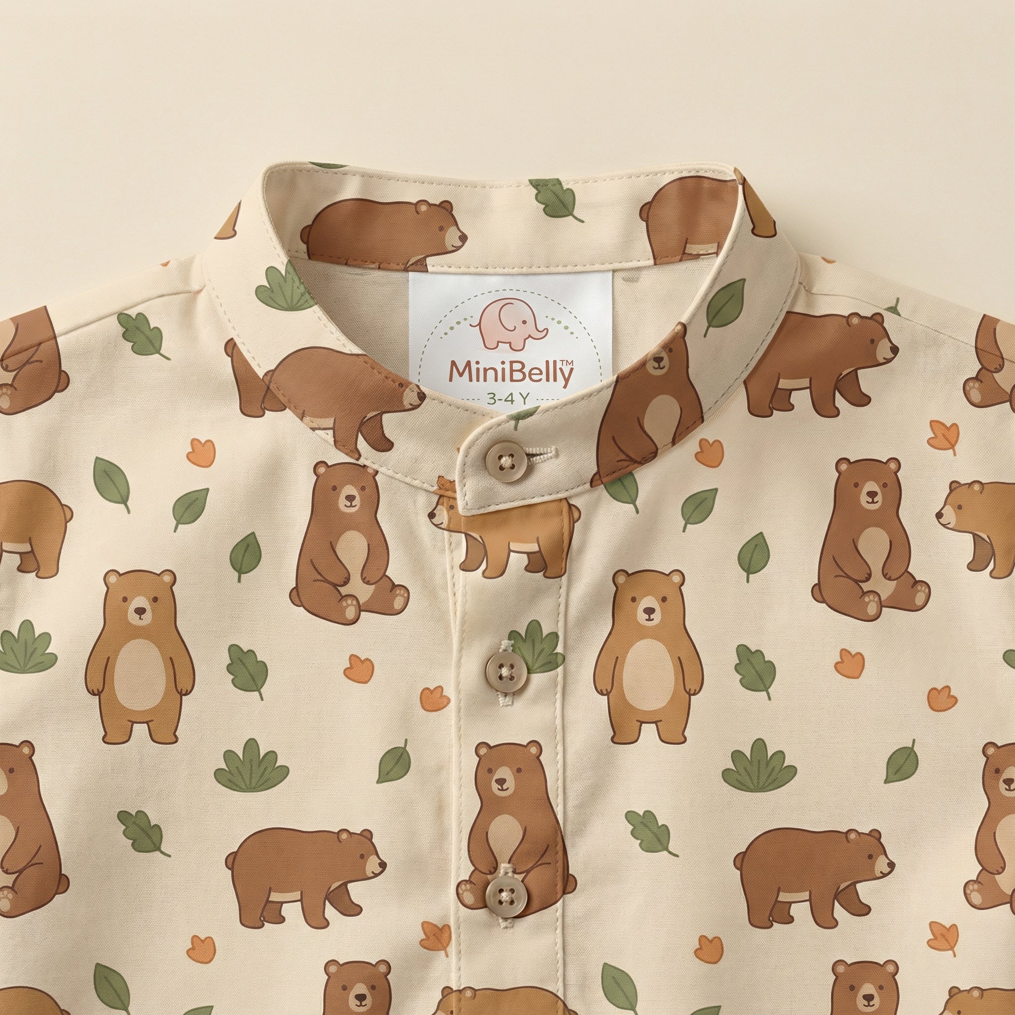 MiniBelly Kurta Pajama Set Cute cartoon brown bears with autumn leaves and bushes pattern 100% Cotton - minibelly