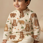 MiniBelly Kurta Pajama Set Cute cartoon brown bears with autumn leaves and bushes pattern 100% Cotton - minibelly