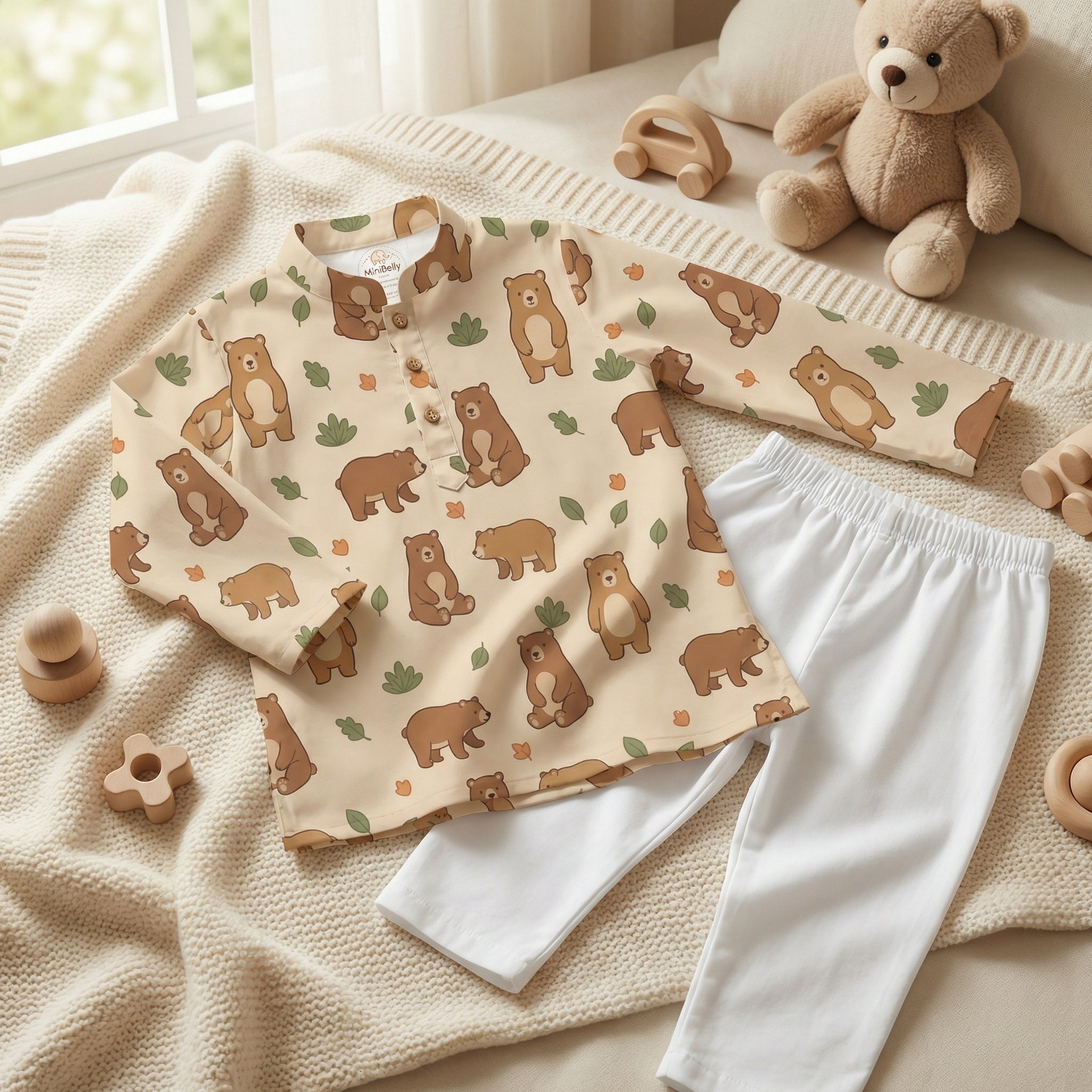 MiniBelly Kurta Pajama Set Cute cartoon brown bears with autumn leaves and bushes pattern 100% Cotton - minibelly