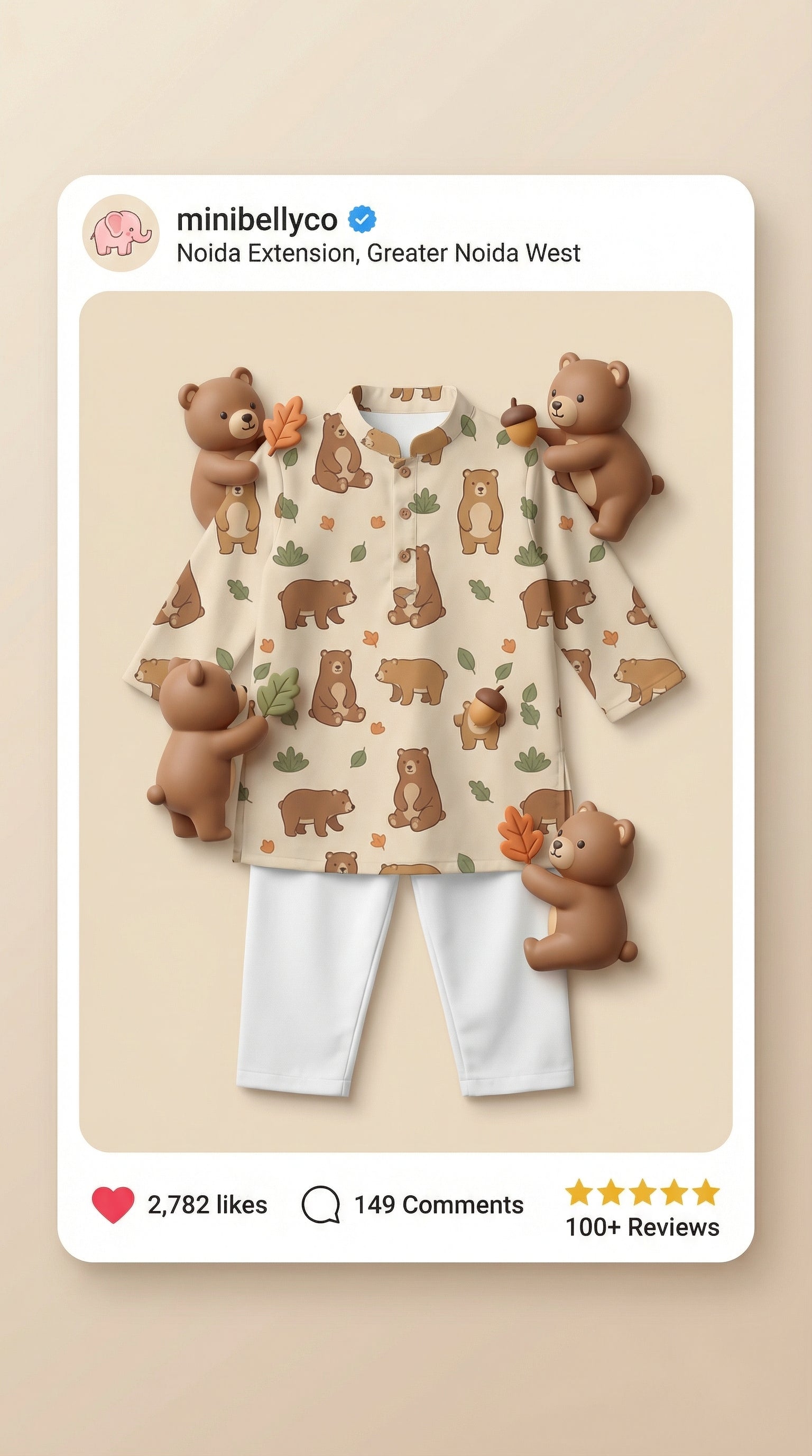 MiniBelly Kurta Pajama Set Cute cartoon brown bears with autumn leaves and bushes pattern 100% Cotton - minibelly