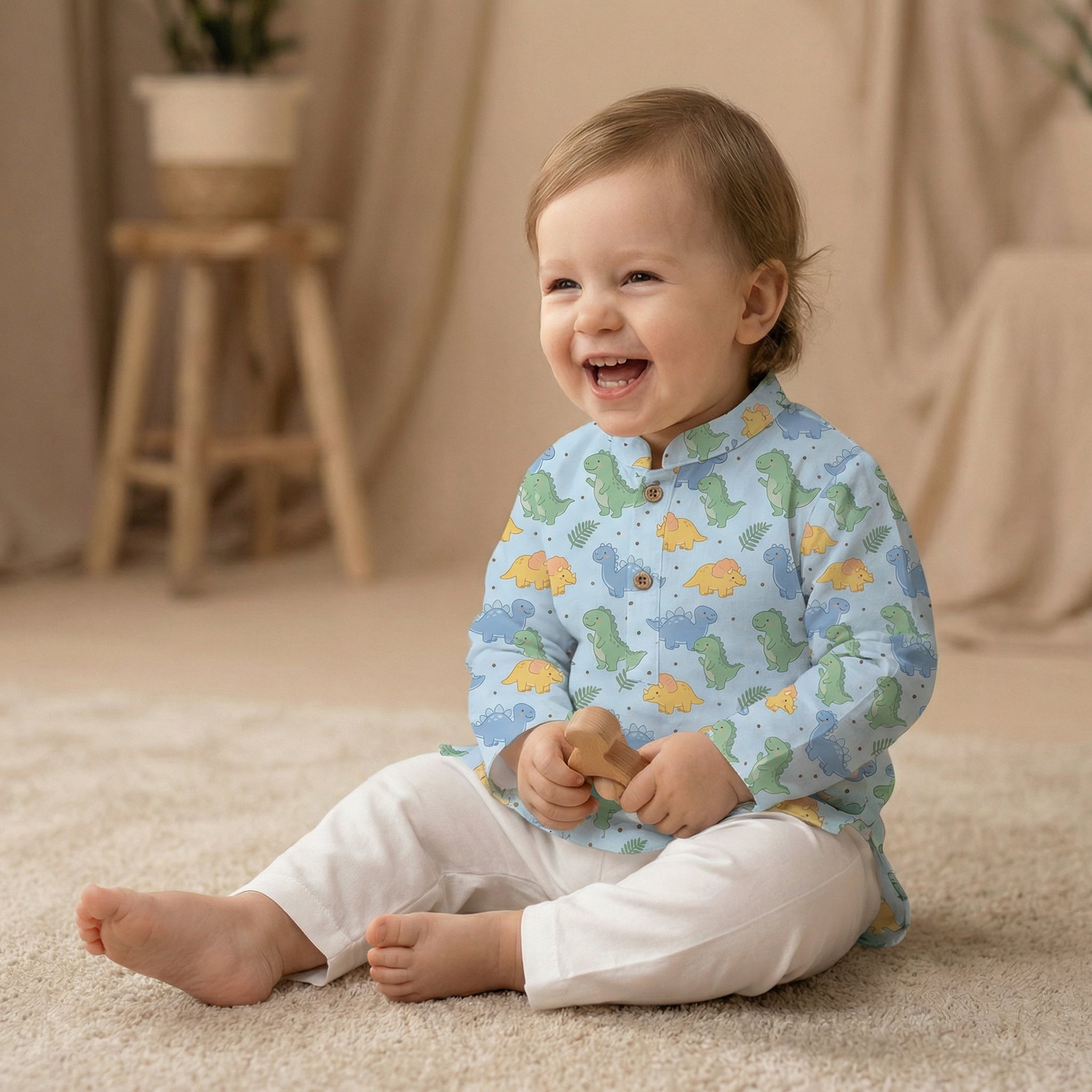 MiniBelly Kurta Pajama Set Cute cartoon dinosaurs and ferns seamless pattern on blue 100% Cotton - minibelly