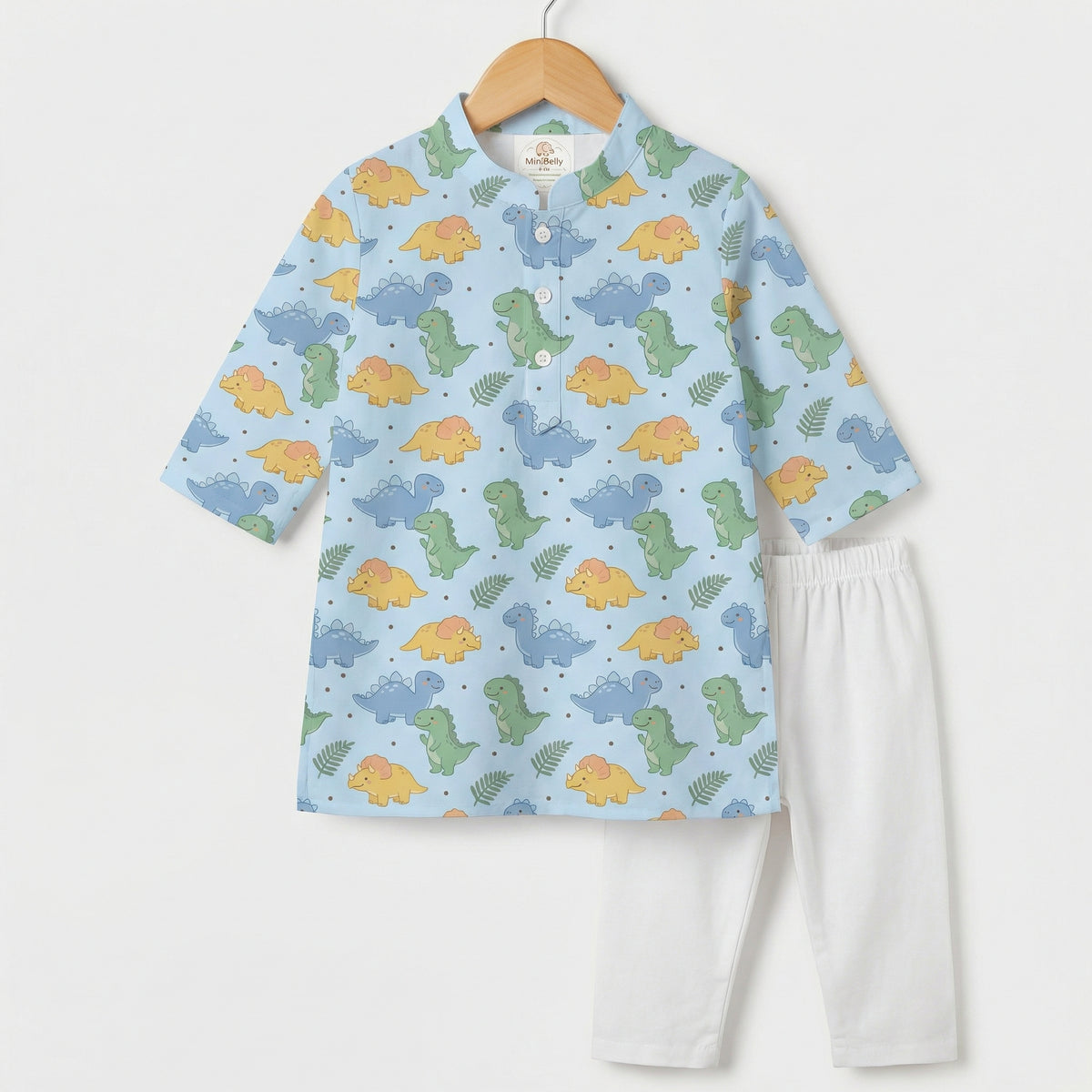 MiniBelly Kurta Pajama Set Cute cartoon dinosaurs and ferns seamless pattern on blue 100% Cotton - minibelly