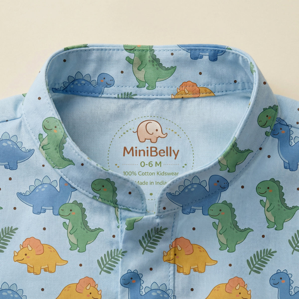 MiniBelly Kurta Pajama Set Cute cartoon dinosaurs and ferns seamless pattern on blue 100% Cotton - minibelly