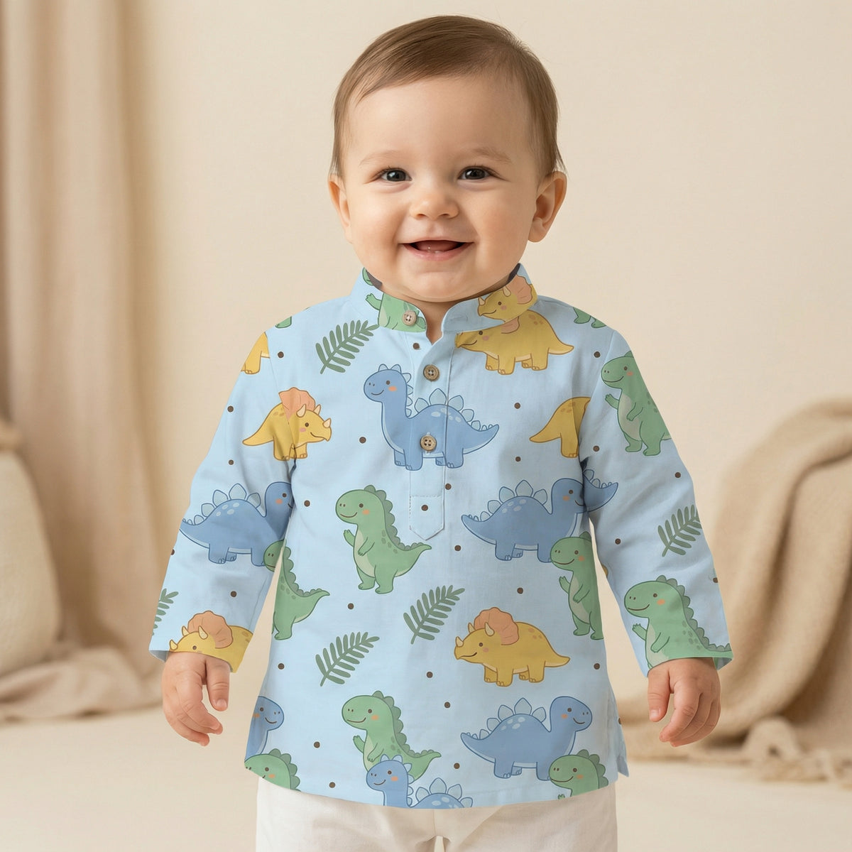 MiniBelly Kurta Pajama Set Cute cartoon dinosaurs and ferns seamless pattern on blue 100% Cotton - minibelly