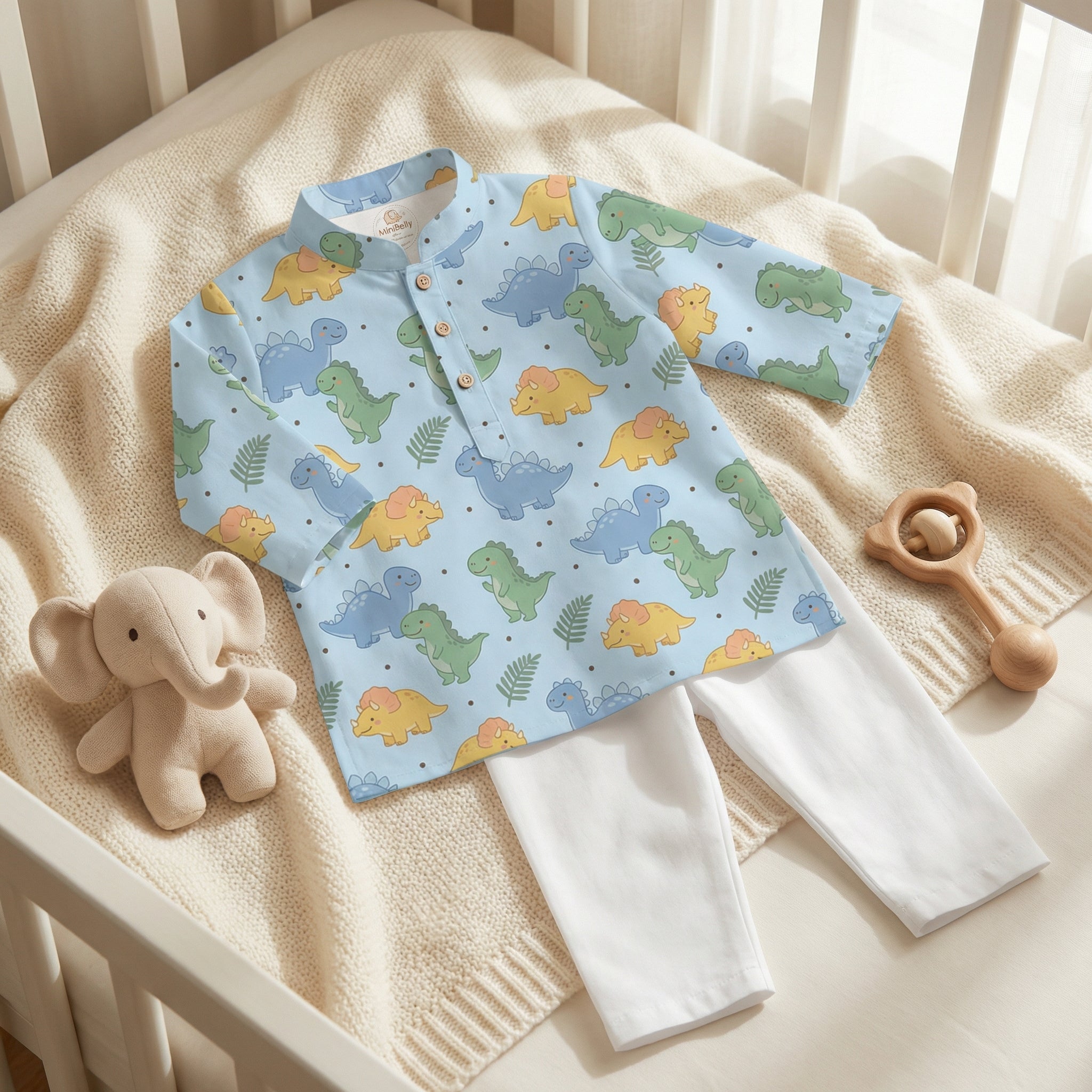 MiniBelly Kurta Pajama Set Cute cartoon dinosaurs and ferns seamless pattern on blue 100% Cotton - minibelly