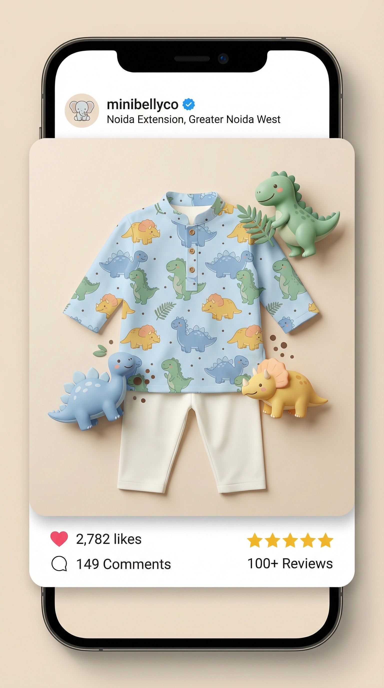 MiniBelly Kurta Pajama Set Cute cartoon dinosaurs and ferns seamless pattern on blue 100% Cotton - minibelly