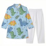 MiniBelly Kurta Pajama Set Cute cartoon dinosaurs and ferns seamless pattern on blue 100% Cotton - minibelly