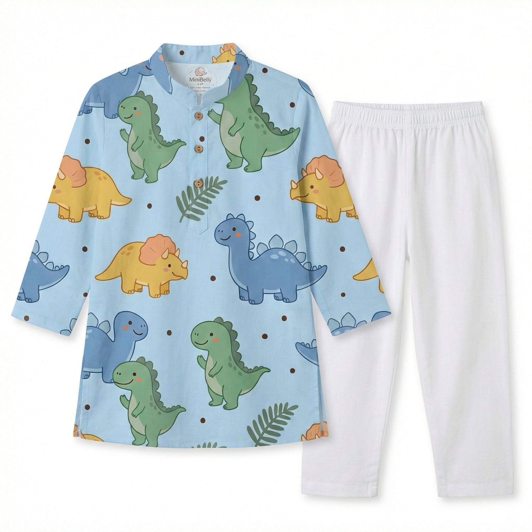MiniBelly Kurta Pajama Set Cute cartoon dinosaurs and ferns seamless pattern on blue 100% Cotton - minibelly
