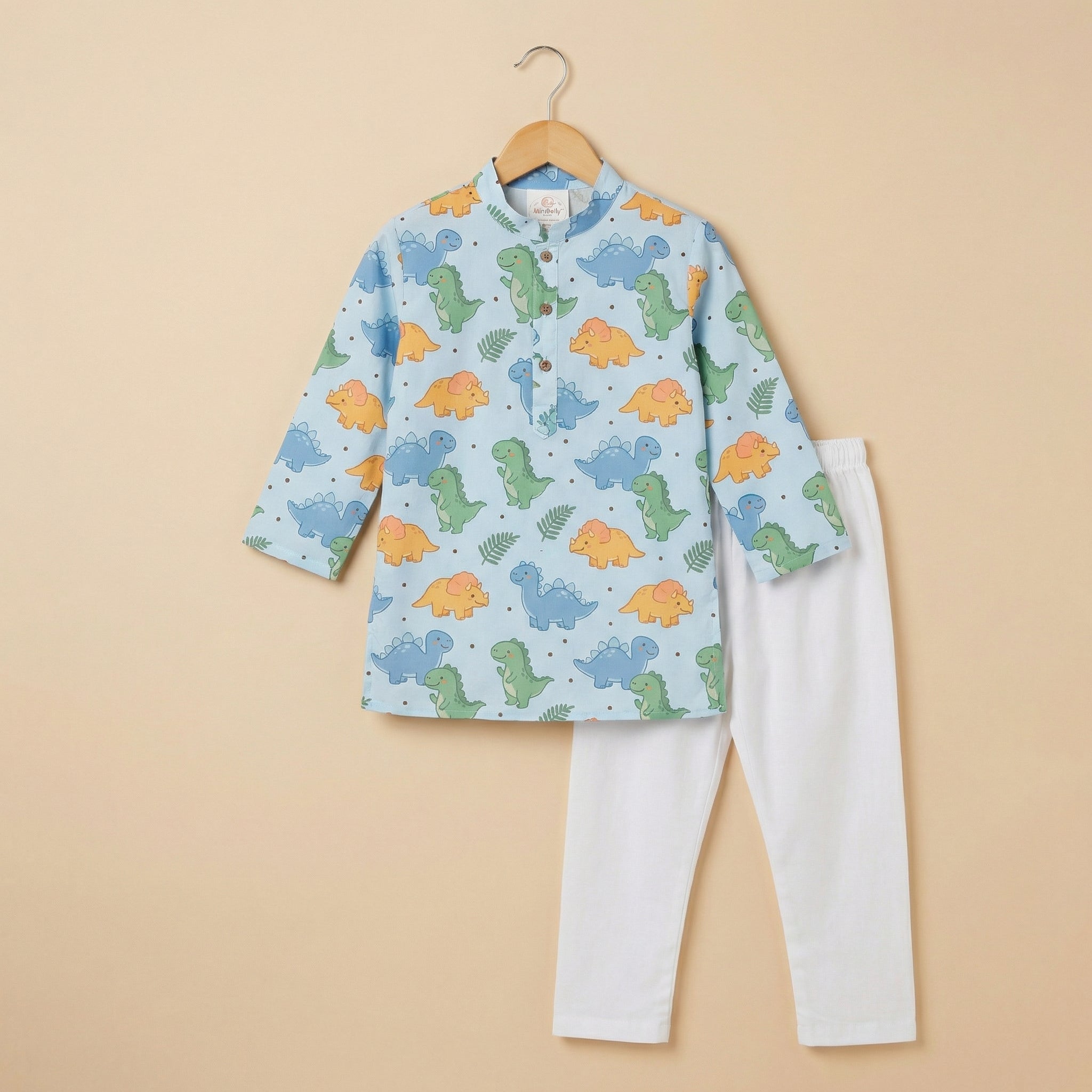 MiniBelly Kurta Pajama Set Cute cartoon dinosaurs and ferns seamless pattern on blue 100% Cotton - minibelly