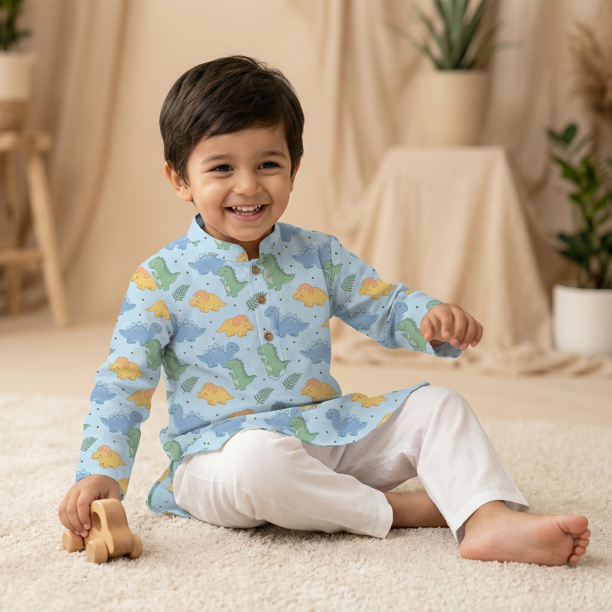 MiniBelly Kurta Pajama Set Cute cartoon dinosaurs and ferns seamless pattern on blue 100% Cotton - minibelly