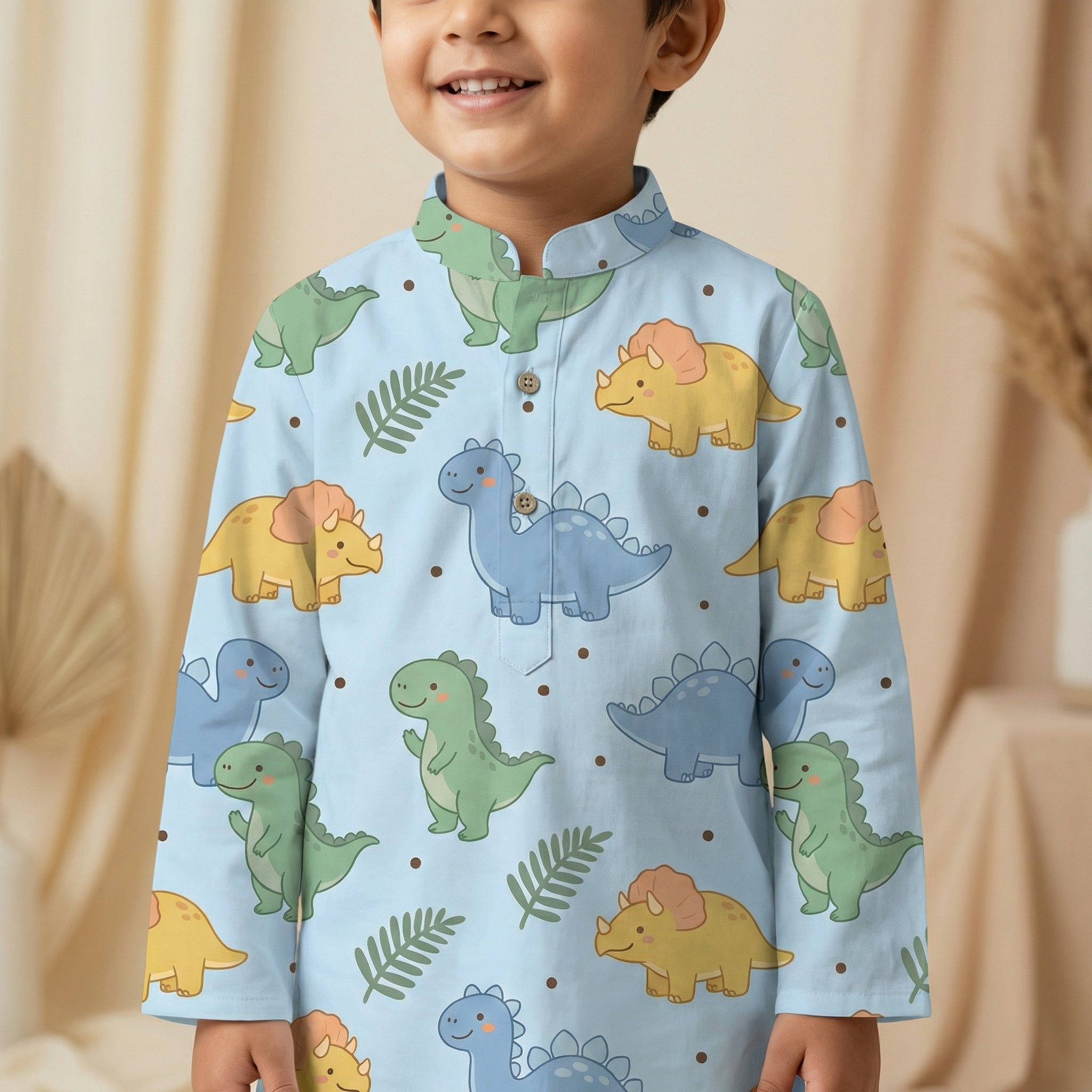 MiniBelly Kurta Pajama Set Cute cartoon dinosaurs and ferns seamless pattern on blue 100% Cotton - minibelly