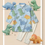 MiniBelly Kurta Pajama Set Cute cartoon dinosaurs and ferns seamless pattern on blue 100% Cotton - minibelly