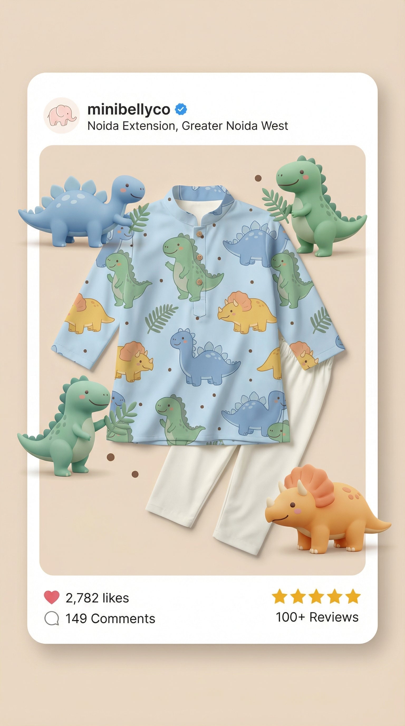 MiniBelly Kurta Pajama Set Cute cartoon dinosaurs and ferns seamless pattern on blue 100% Cotton - minibelly