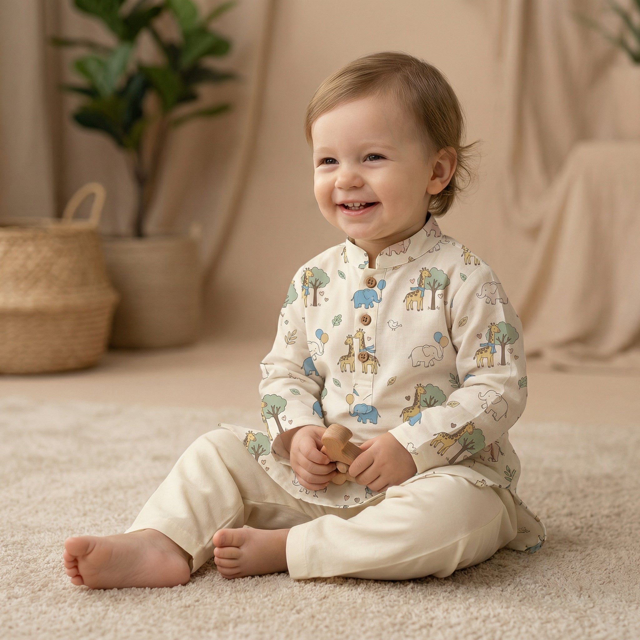 MiniBelly Kurta Pajama Set Cute cartoon giraffes and elephants nursery seamless pattern 100% Cotton - minibelly